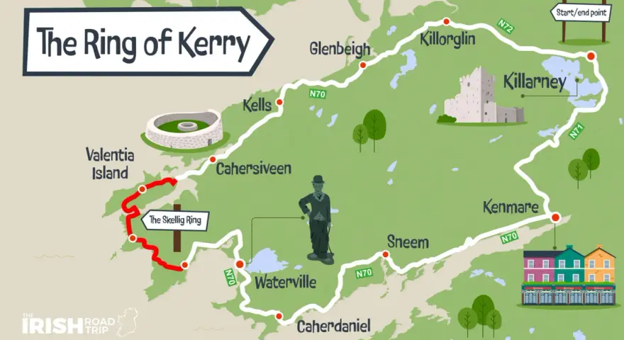 Map of the Ring of Kerry, showing towns like Killarney, Kenmare, and Waterville, with a red route highlighting the Skellig Ring detour.