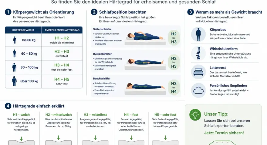 Infografik hilft, die richtige Matratze finden: Körpergewicht, Schlafposition & mehr bestimmen den idealen Härtegrad für Ihren Schlaf.