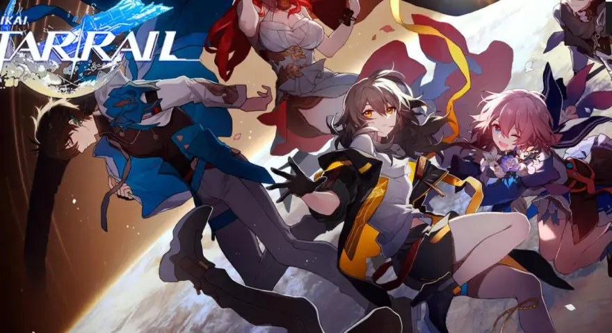 Personajes de Honkai Star Rail flotan sobre la Tierra, listos para una aventura cósmica.