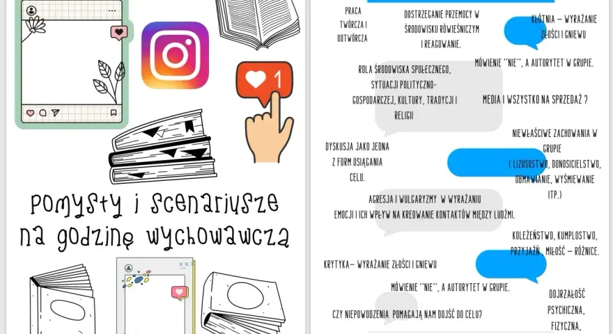 Grafika z elementami do lekcji wychowawczej klasa 7: ikony social mediów, książki, dymki z tekstem o relacjach i emocjach.