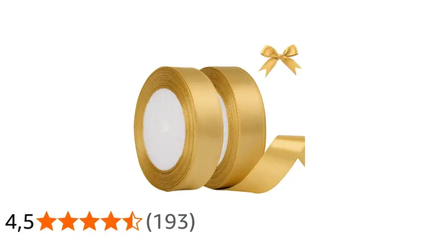 Två rullar med glänsande satinband i guld. En liten guldbåge svävar ovanför. Perfekt för presentinslagning.