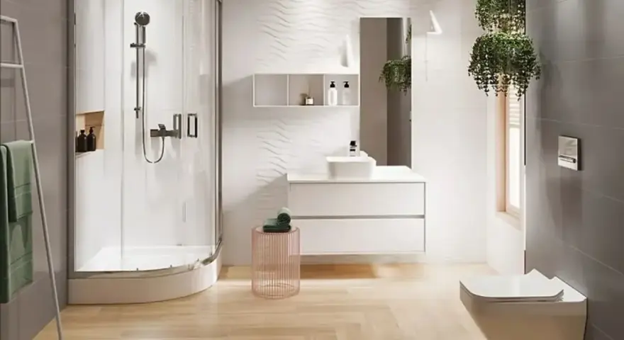 Nowoczesna łazienka 5m2: prysznic, umywalka, WC. Szacowany koszt remontu łazienki 5m2 robocizna.