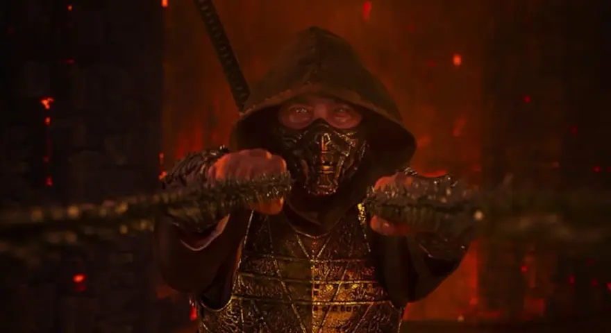 Scorpion w zbroi i kapturze, z mieczem za plecami, gotowy do walki. Kiedy Mortal Kombat 2?
