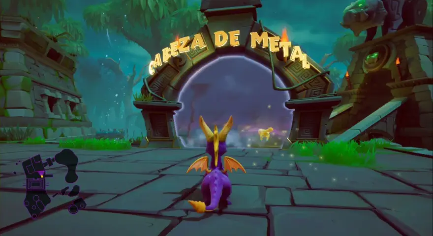 Spyro se acerca a un portal con la inscripción "Cabeza de Metal". El dragón morado está listo para la aventura.
