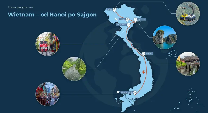 Mapa Wietnamu z trasą od Sapy do Sajgonu. Zobacz Hanoi, Ha Long, Ninh Binh, Hoi An i Ho Chi Minh.