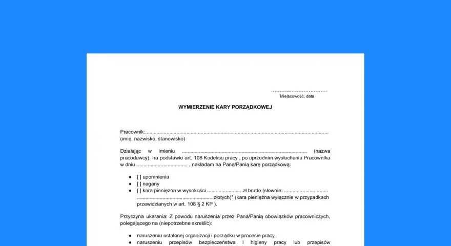 Dokument "Wymierzenie kary porządkowej" dla pracownika, który nie przeszedł szkolenie bhp.