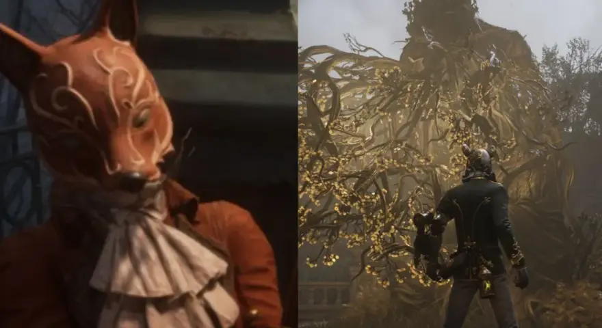 Un zorro rojo con máscara y un personaje con armadura observan un árbol gigante en Lies of P.