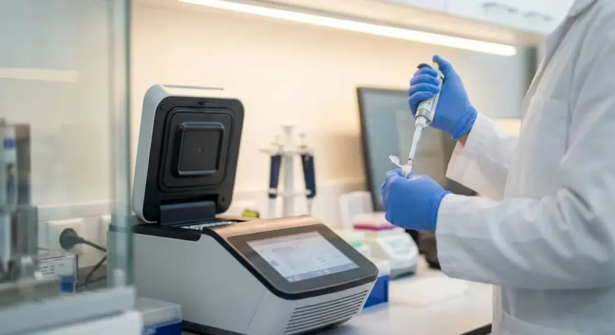 Laborant w rękawiczkach pobiera próbkę pipetą do urządzenia laboratoryjnego.