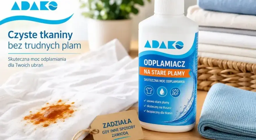 Biała koszulka z trudnymi plamami niewiadomego pochodzenia obok butelki odplamiacza Adako.