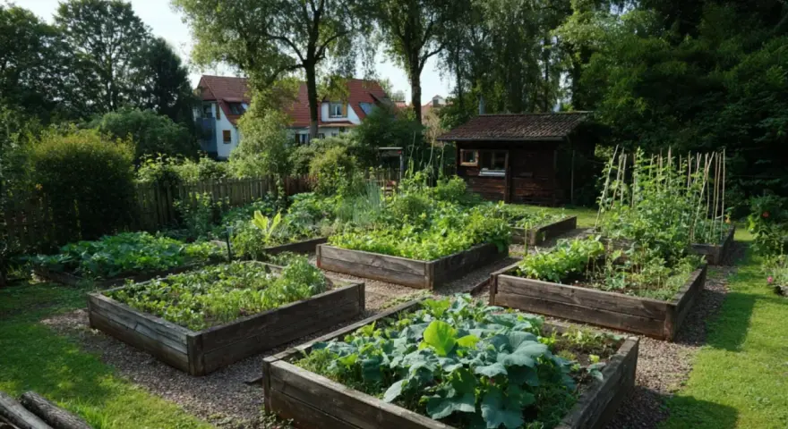 Ein moderner Bauerngarten mit Hochbeeten voller Gemüse und Kräuter. Im Hintergrund ein kleines Holzhaus und Bäume.
