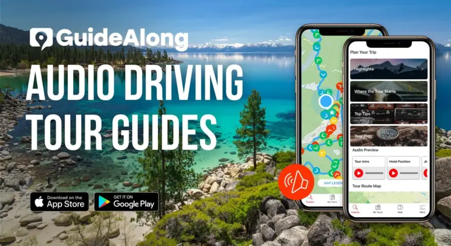 Piękne jezioro Tahoe z górami w tle. Obok dwa telefony z aplikacją GuideAlong - audio przewodniki po trasach, idealne na wycieczkę nad jezioro Tahoe.