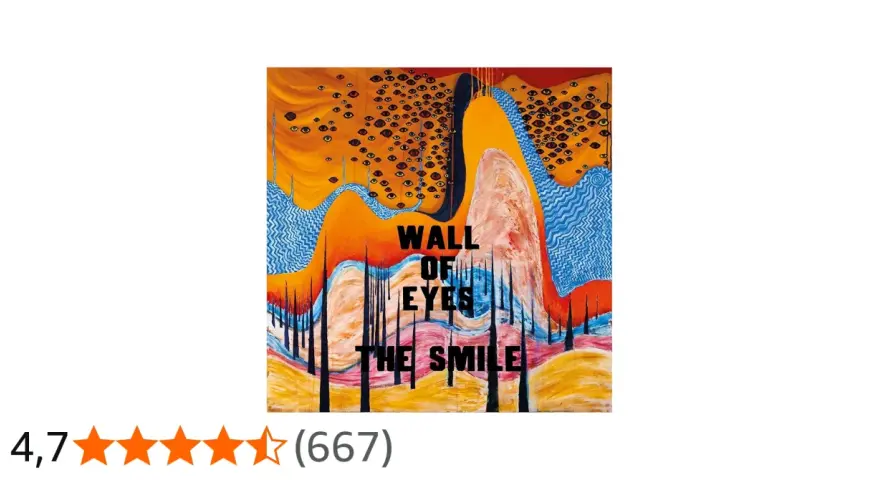 Obraz "Wall of Eyes" zespołu The Smile. Surrealistyczna kompozycja z licznymi oczami na pomarańczowym tle, przypominająca ścianę spojrzeń.