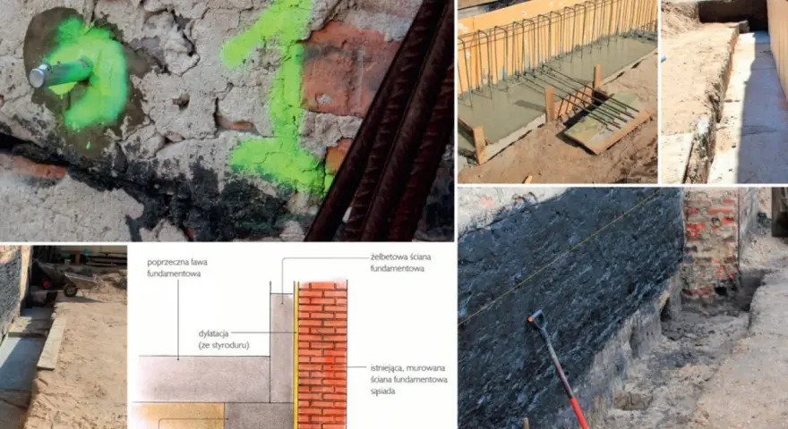 Prace przy wzmocnieniu fundamentów w starym domu: betonowanie, zbrojenie i izolacja. Schemat przedstawia przekrój ławy fundamentowej.