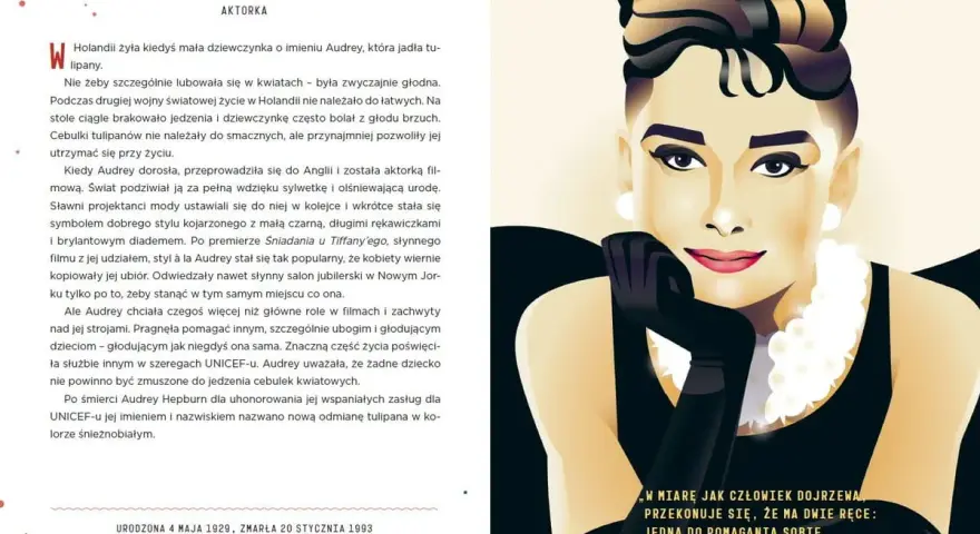 Portret kobiecy wiersz. Ikoniczna Audrey Hepburn w czarnej sukni i białej biżuterii, z cytatem o pomaganiu.