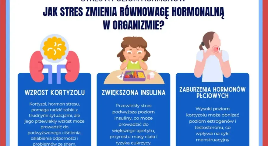 Grafika ilustruje objawy stresu: wzrost kortyzolu, zwiększoną insulinę i zaburzenia hormonów płciowych.