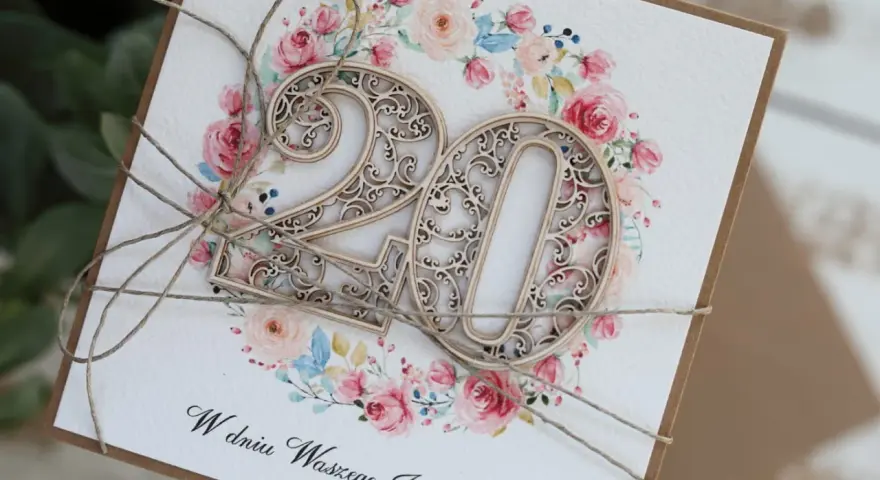 Elegancka kartka z życzeniami na 20 rocznicę ślubu, ozdobiona drewnianą cyfrą "20" i kwiatowym wiankiem.