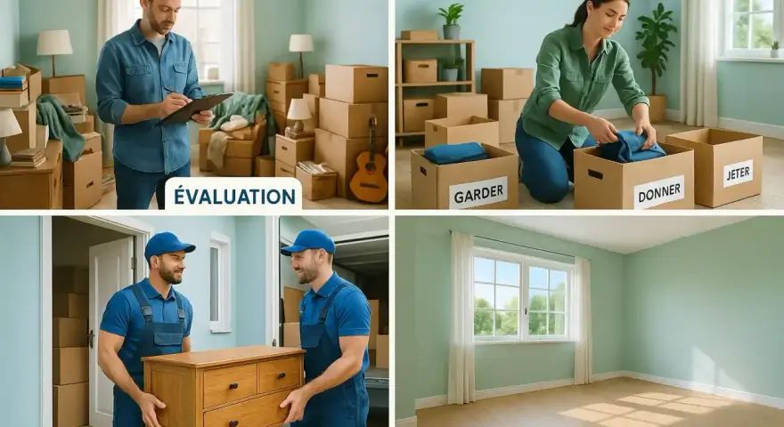 Débarras de maison : évaluation, tri (garder, donner, jeter), enlèvement et pièce nettoyée.
