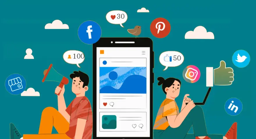 Dos personas interactúan con iconos de redes sociales, un teléfono y un portátil, ilustrando el social media marketing.