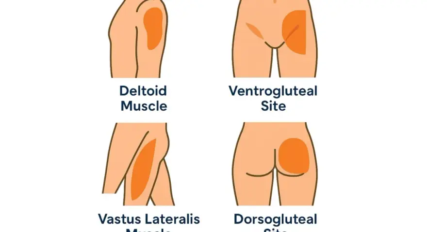Illustration zeigt Injektionsstellen für eine Muskel-Spritze: Deltamuskel, Ventrogluteal, Vastus lateralis und Dorsogluteal.