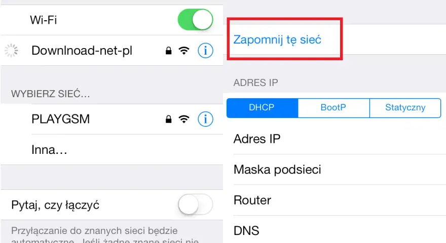 Na ekranie iPhone'a widać opcję "Zapomnij tę sieć", która pozwala wyłącz internet z tej konkretnej sieci Wi-Fi.
