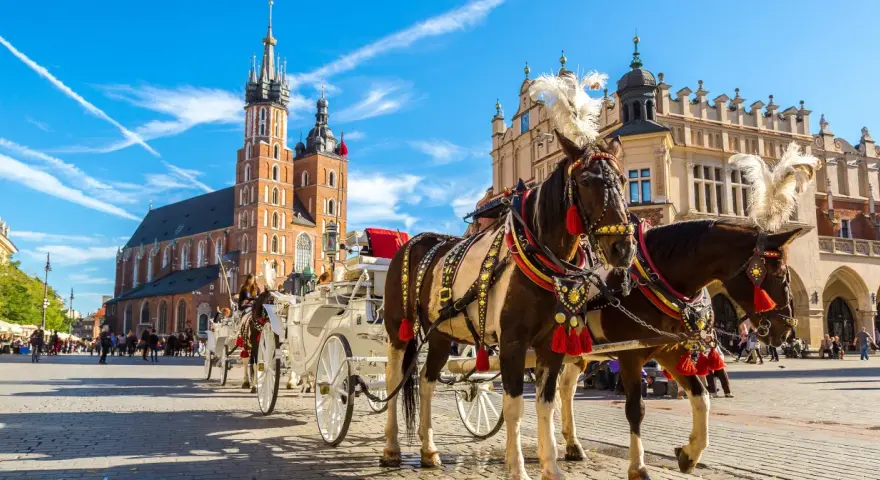 Kraków zaprasza! Konne przejażdżki po Rynku Głównym, podziwiając Bazylikę Mariacką i Sukiennice. To idealne miejsce, by poczuć atmosferę miasta i zobaczyć, co można zwiedzić w Krakowie.