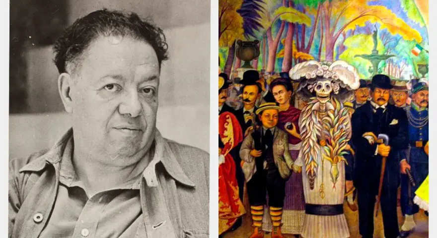 Diego Rivera, kahlos man, bredvid en målning med Frida Kahlo och en skelettfigur.