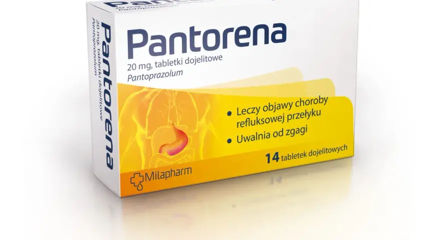 Opakowanie leku Pantorena 20 mg, tabletki dojelitowe, z grafiką żołądka.