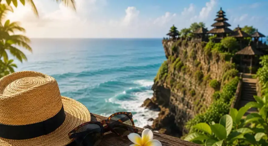 Słoneczny dzień na Bali. Słomkowy kapelusz, okulary i kwiat frangipani na drewnianym tarasie z widokiem na ocean i świątynię na klifie. Idealne miejsce na wakacje, po szczepieniach.