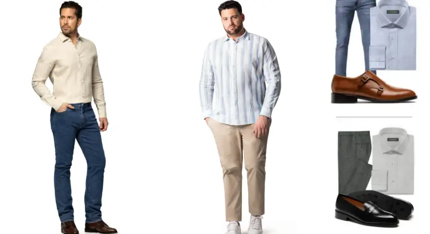 Dos hombres modelan atuendos bussines casual: uno con camisa lino y jeans, otro con camisa a rayas y chinos.