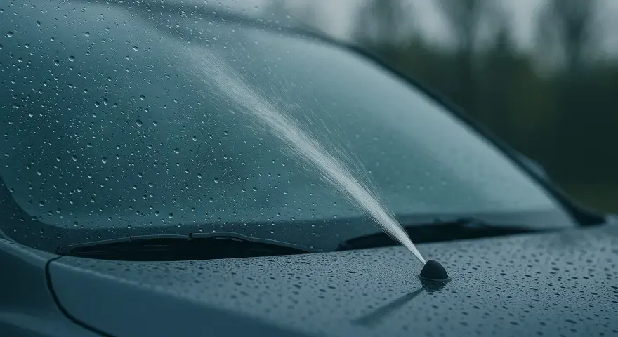 Na mokrej masce samochodu widać strumień powietrza z dyszy spryskiwacza. Pompka spryskiwacza działa, a płyn nie leci.
