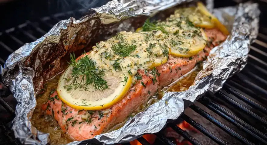 En saftig grillad laxsida i folie, toppad med citronskivor och dill, ångar på grillen.