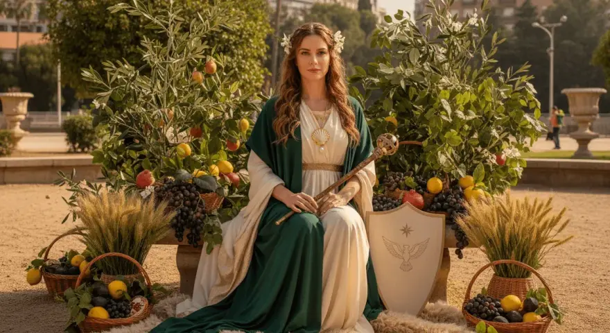 Mujer con túnica verde y blanca, rodeada de frutas y espigas, evoca la templanza y la emperatriz tarot.