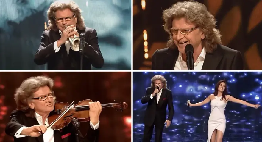 Wodecki gra na trąbce, skrzypcach i śpiewa. Na scenie towarzyszy mu piękna wokalistka. Kochaj mnie, Wodecki!