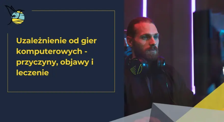 Mężczyzna w słuchawkach, zamyślony, może potrzebować testu na uzależnienie od gier. Tekst: Uzależnienie od gier komputerowych - przyczyny, objawy i leczenie.