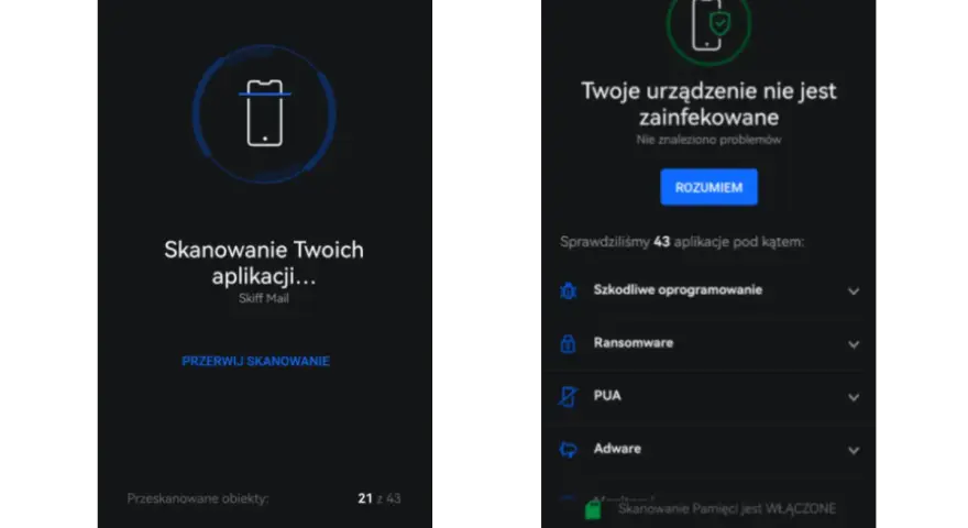 Skanowanie telefonu w poszukiwaniu wirusów zakończone. Aplikacja informuje, że urządzenie jest czyste. Dowiedz się, jak usunąć wirusa z telefonu, jeśli skanowanie wykryje zagrożenie.