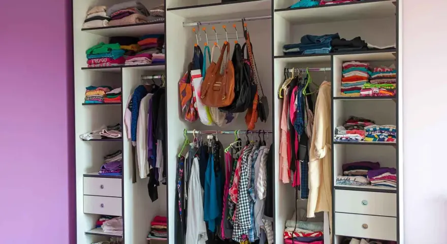 Armadio a muro con ante scorrevoli, pieno di vestiti piegati e appesi, borse e scarpe. Le dimensioni armadio camera da letto sono ben sfruttate.