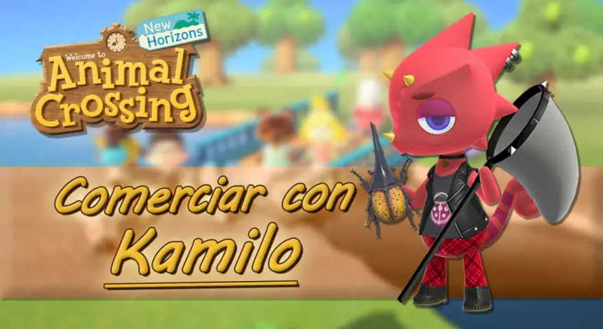 Kamilo, el lagarto de Animal Crossing, listo para comerciar con su gran escarabajo y red.