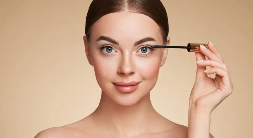 Femme appliquant du mascara sur ses cils, regard bleu intense.