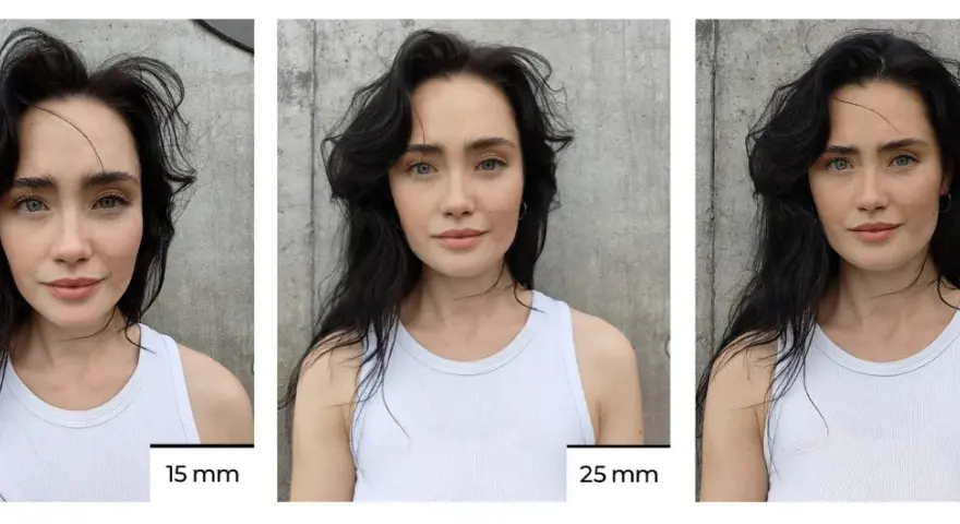 Portret kobiety w białej bluzce, prezentujący różne ogniskowe: 15 mm, 25 mm i 50 mm.