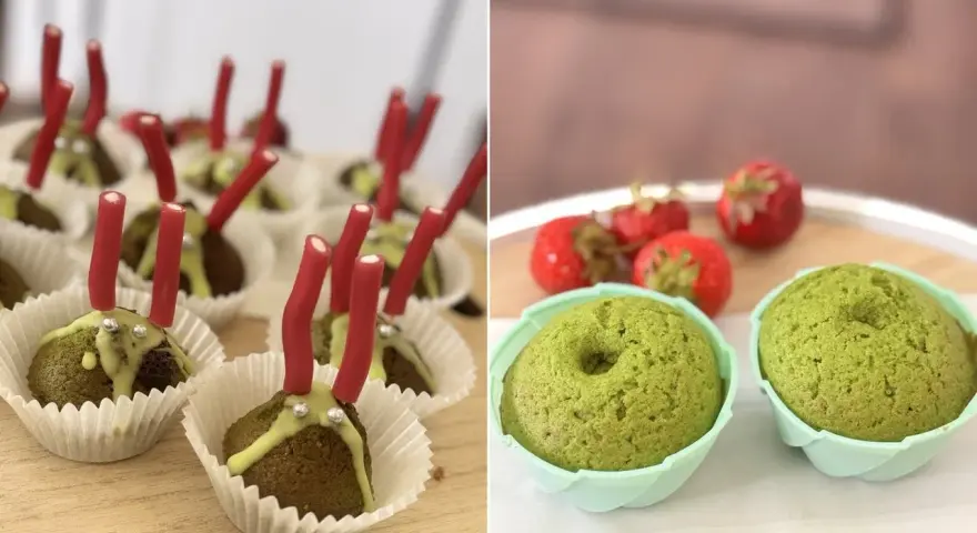 Dwa ujęcia: muffinki z czerwonymi patyczkami i posypką, oraz zielone muffinki z truskawkami.