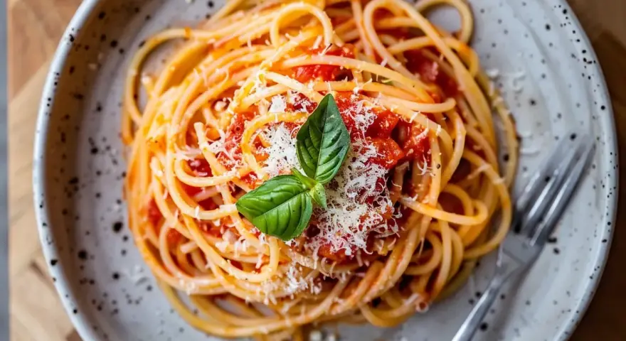 En tallrik med spaghetti och tomatsås, toppad med riven parmesan och en basilikakvist. Perfekt för en krämig burrata pasta.