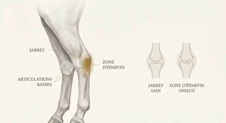 Illustration anatomique du jarret de cheval, montrant la zone d'éparvin et les articulations basses. Comparaison entre un jarret sain et une zone d'éparvin osseuse.