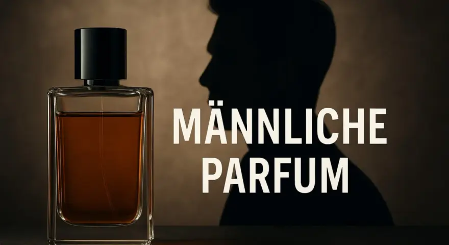 Eine Glasflasche mit braunem Parfum und der Schatten eines Mannes.