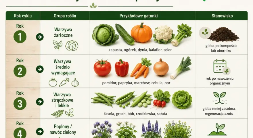 Plan płodozmianu warzyw: rok 1 – warzywa żarłoczne (kapusta, dynia), rok 2 – średnio wymagające (pomidor, marchew), rok 3 – strączkowe (fasola, groch), rok 4 – poplony.