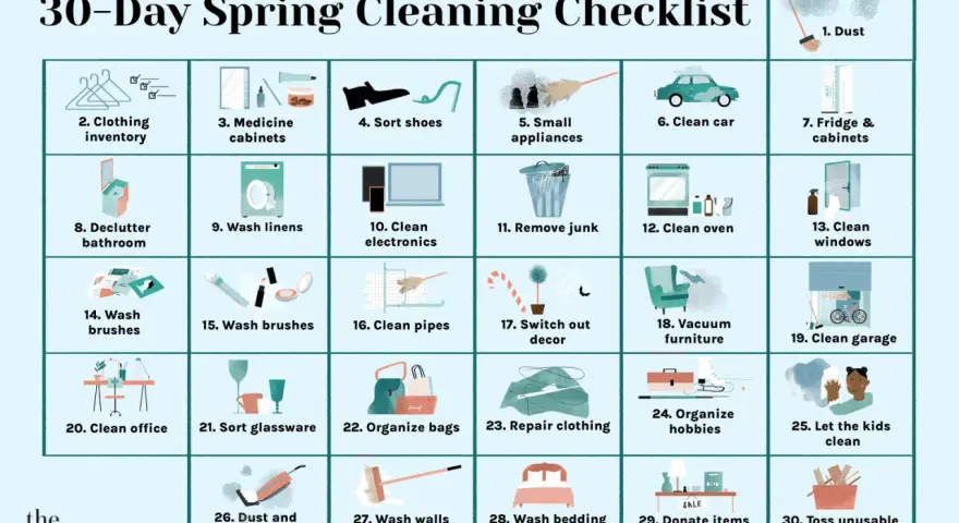 A 30-day spring cleaning checklist with illustrated tasks like dusting, organizing clothes, cleaning appliances, and decluttering.