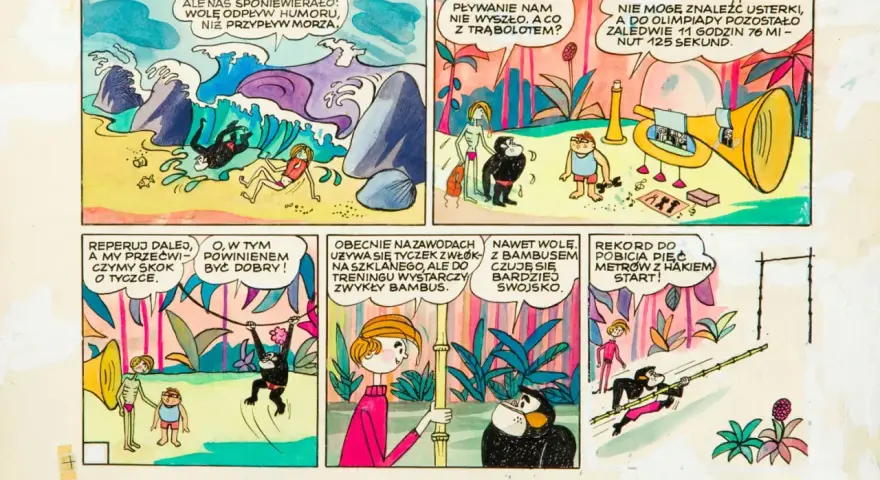 Co to jest komiks? Cztery panele przedstawiające małpy i ludzi w zabawnych sytuacjach, od plaży po dżunglę.