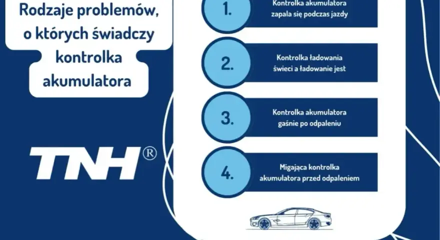 Rodzaje problemów, o których świadczy kontrolka akumulatora: zapala się podczas jazdy, gaśnie po odpaleniu, miga przed odpaleniem.
