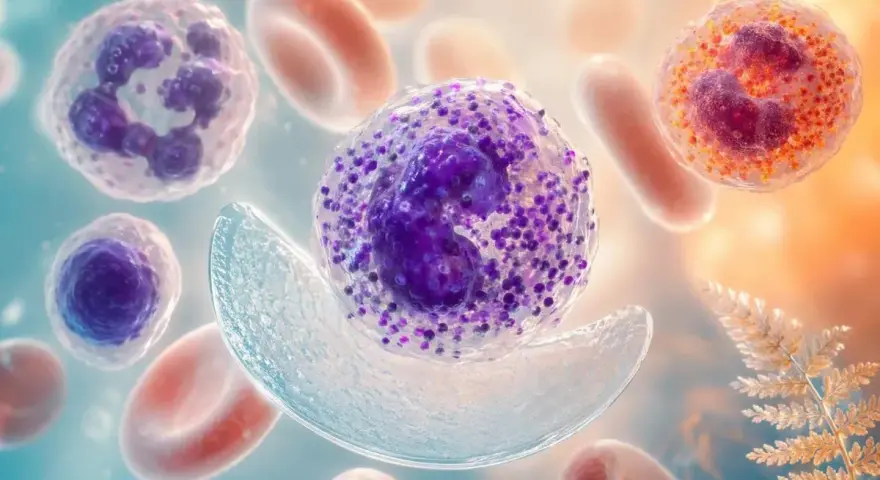 Komórki krwi: czerwone krwinki, neutrofile i bazofile niskie z fioletowymi ziarnistościami.