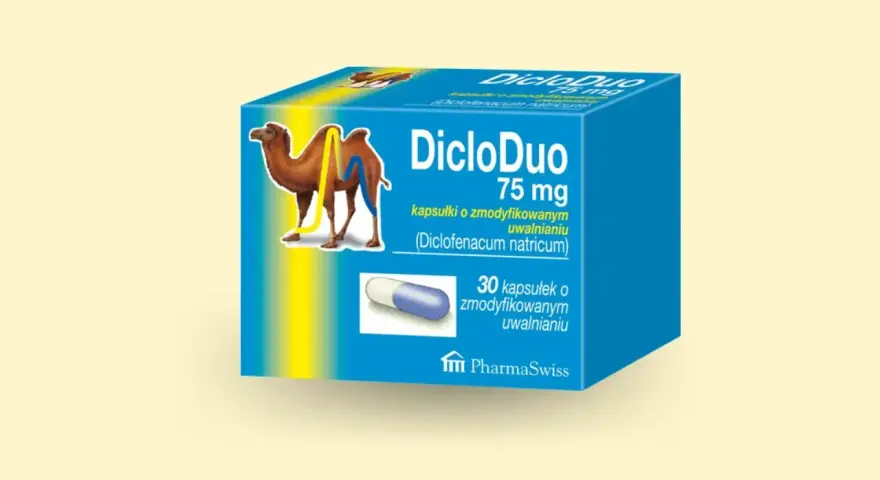 Opakowanie DicloDuo 75 mg z wielbłądem, reklamujące najsilniejszy lek na ból kręgosłupa.