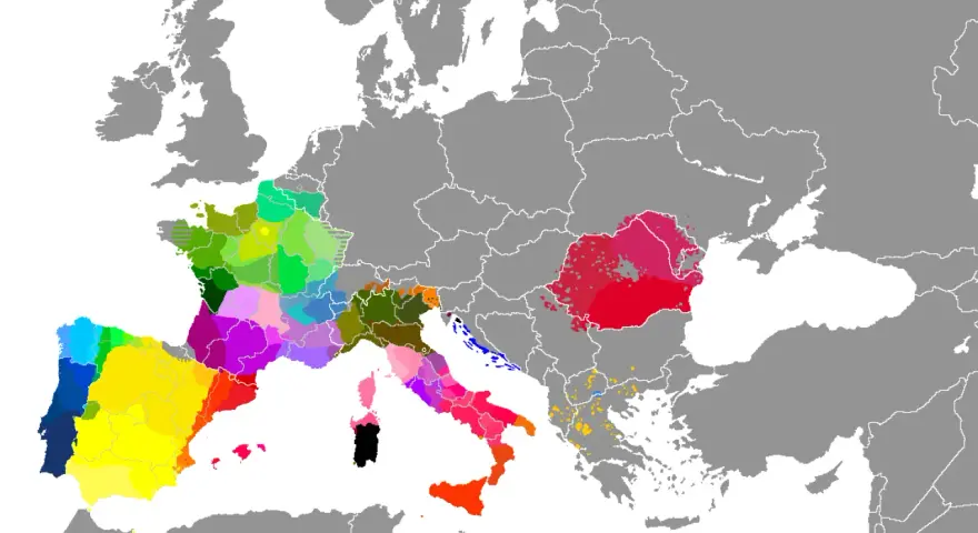 Mapa de Europa con áreas coloreadas que indican dónde se habla el corso y otras lenguas romances.